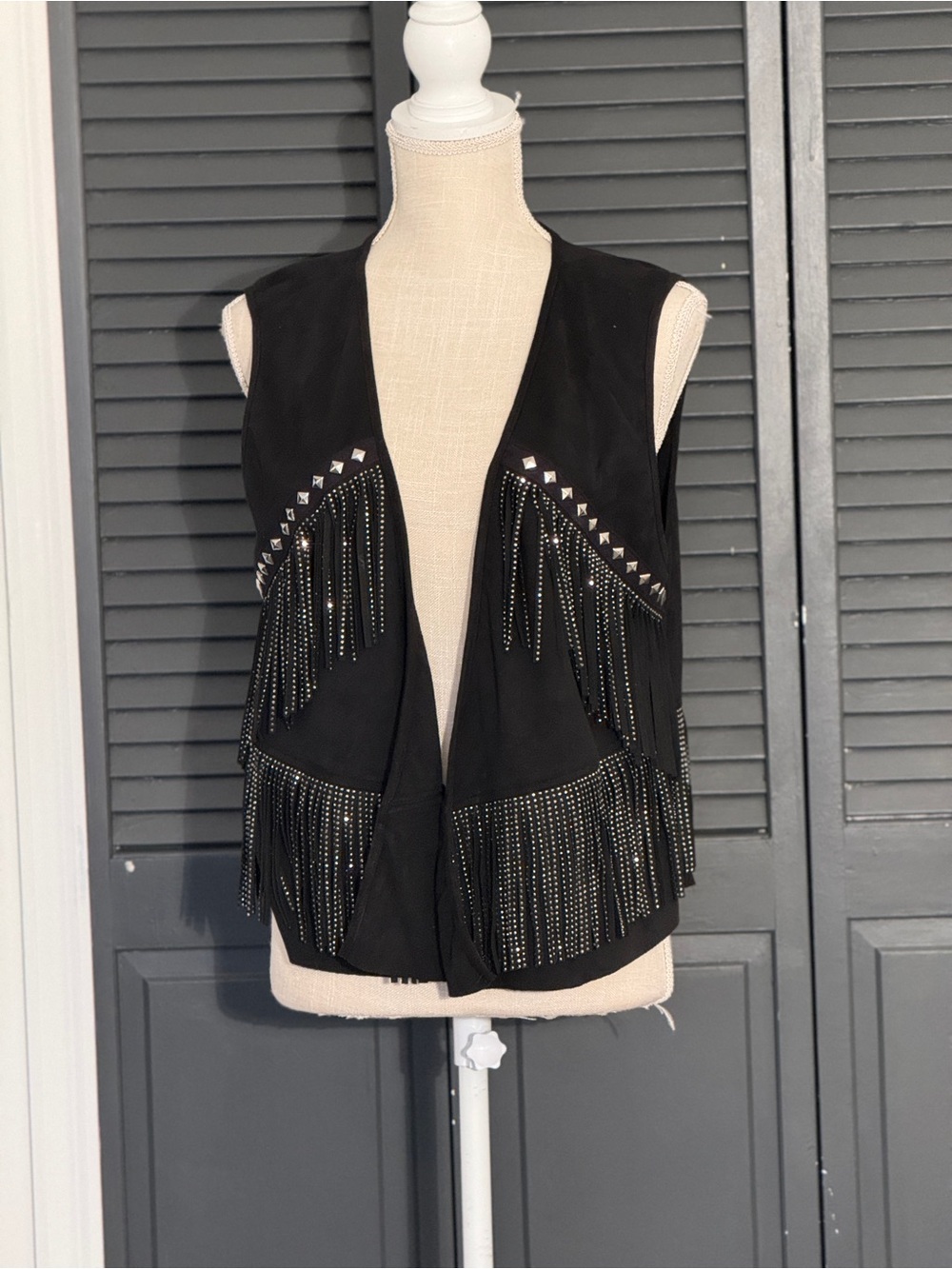 Vocal Western Fringe Studded Rhinestone Vest Black Faux Suede Boho Rocker XL